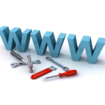 Ilustração com as letras "WWW" e ferramentas, representando desenvolvimento e manutenção de sites na web.