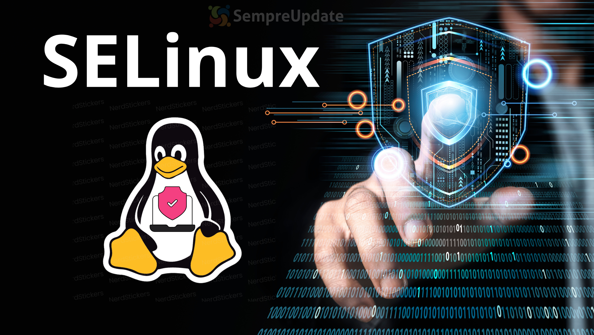 Ilustração do mascote Tux do Linux com um símbolo de segurança, destacando a proteção oferecida pelo SELinux, com elementos gráficos representando segurança cibernética.