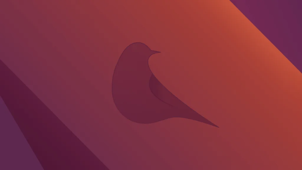 Wallpaper com o mascote Oriole estilizado em um fundo com tons de roxo e laranja, com o pássaro desenhado de forma minimalista.