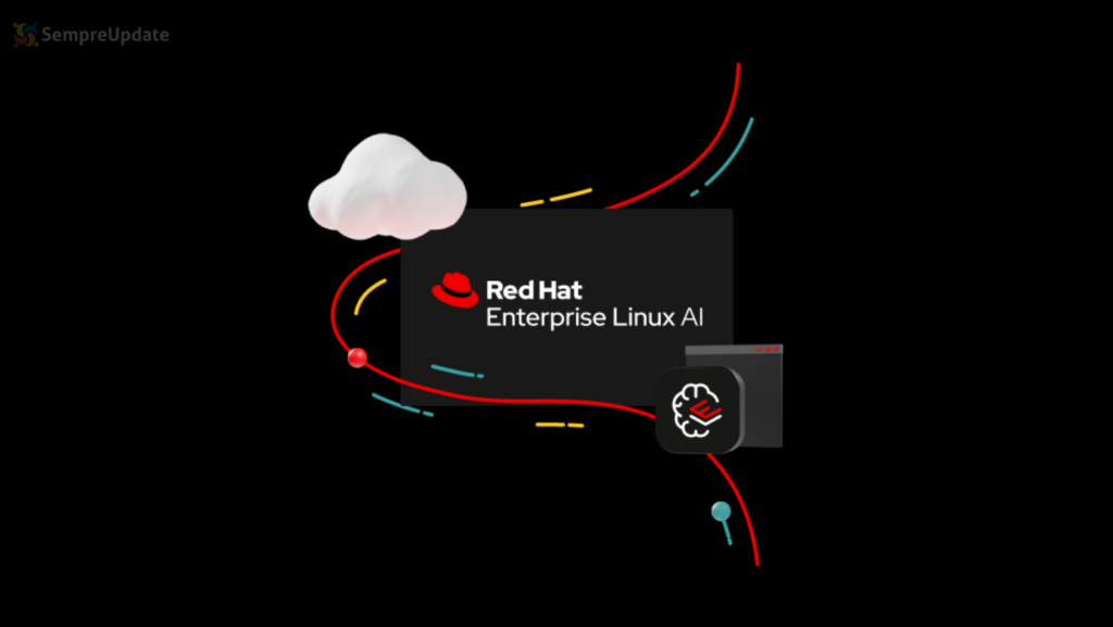 Logotipo do Red Hat Enterprise Linux AI com elementos gráficos estilizados, incluindo uma nuvem e ícones representando conectividade e inteligência artificial.