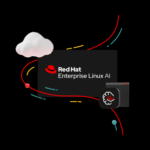 Logotipo do Red Hat Enterprise Linux AI com elementos gráficos estilizados, incluindo uma nuvem e ícones representando conectividade e inteligência artificial.