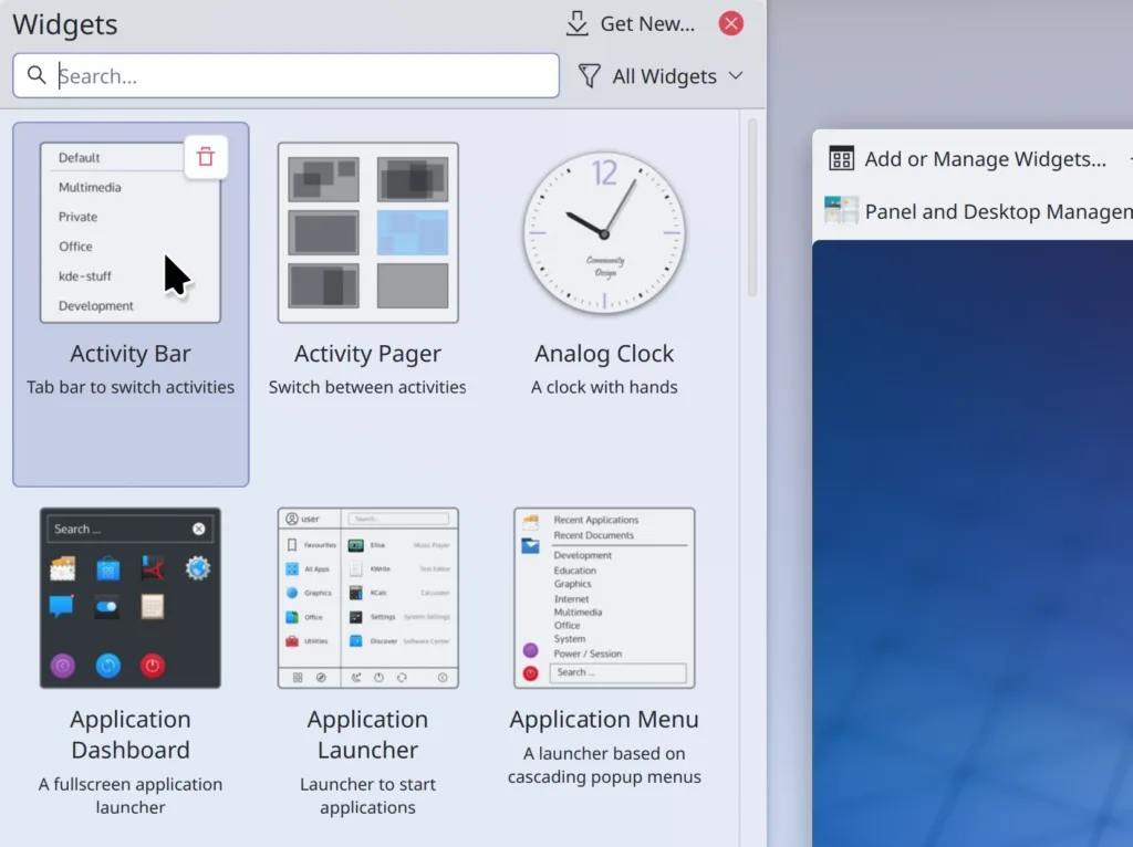 Captura de tela da janela de widgets do KDE Plasma, mostrando a barra de atividades, paginador de atividades, relógio analógico e outras opções de widgets, com ícones e descrições breves de cada widget disponível.