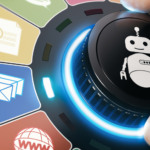 Imagem ilustrativa de automação no Linux com ícones que representam tarefas automatizadas, como envio de emails e navegação na web, simbolizando o uso de ferramentas como Ansible, Puppet e Chef.