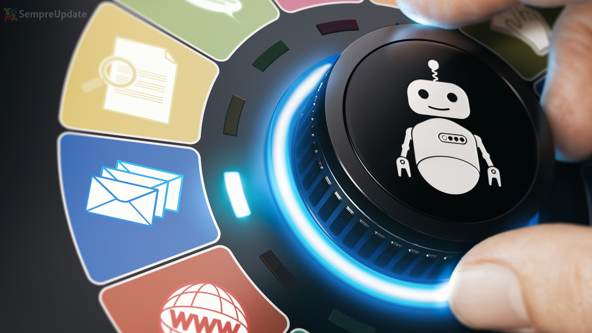 Imagem ilustrativa de automação no Linux com ícones que representam tarefas automatizadas, como envio de emails e navegação na web, simbolizando o uso de ferramentas como Ansible, Puppet e Chef.