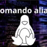 Imagem com códigos ilustrativos ao fundo, logo do linux o tux e o titulo Comando alias