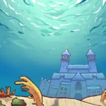 Wallpaper oficial do KDE Plasma 6.2, apresentando uma ilustração subaquática com um castelo ao fundo, cercado por corais e plantas marinhas em um cenário de fantasia.