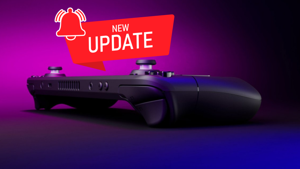 Imagem do Steam Deck deitado em uma superfície, com uma notificação de 'New Update' em destaque sobre um fundo roxo, representando uma nova atualização do SteamOS.