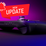 Imagem do Steam Deck deitado em uma superfície, com uma notificação de 'New Update' em destaque sobre um fundo roxo, representando uma nova atualização do SteamOS.