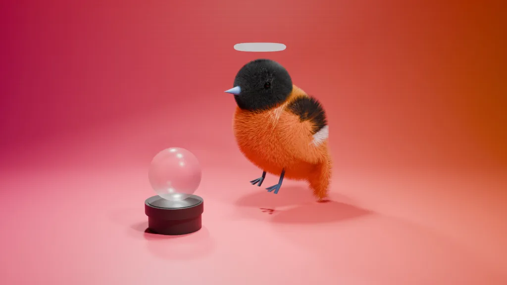 Mascote 3D do pássaro Oriole em laranja e preto, flutuando sobre uma base com uma esfera transparente, em um fundo rosa e laranja.