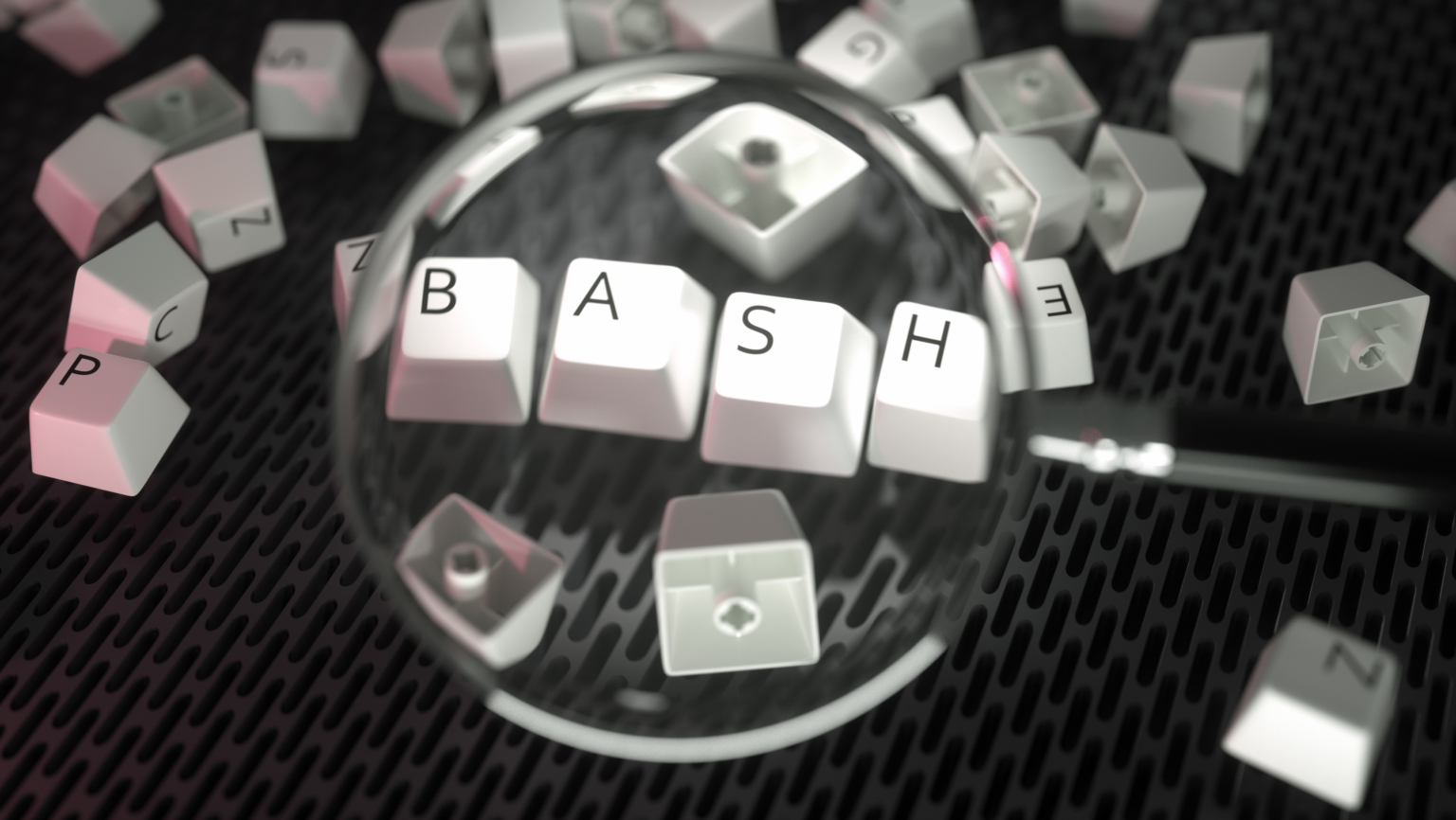 Imagem de destaque para o artigo 'Como criar scripts de automação no Linux usando Bash'. A imagem mostra teclas de teclado com letras formando a palavra 'Bash', destacadas por uma lupa, simbolizando a importância e o foco na automação com scripts.