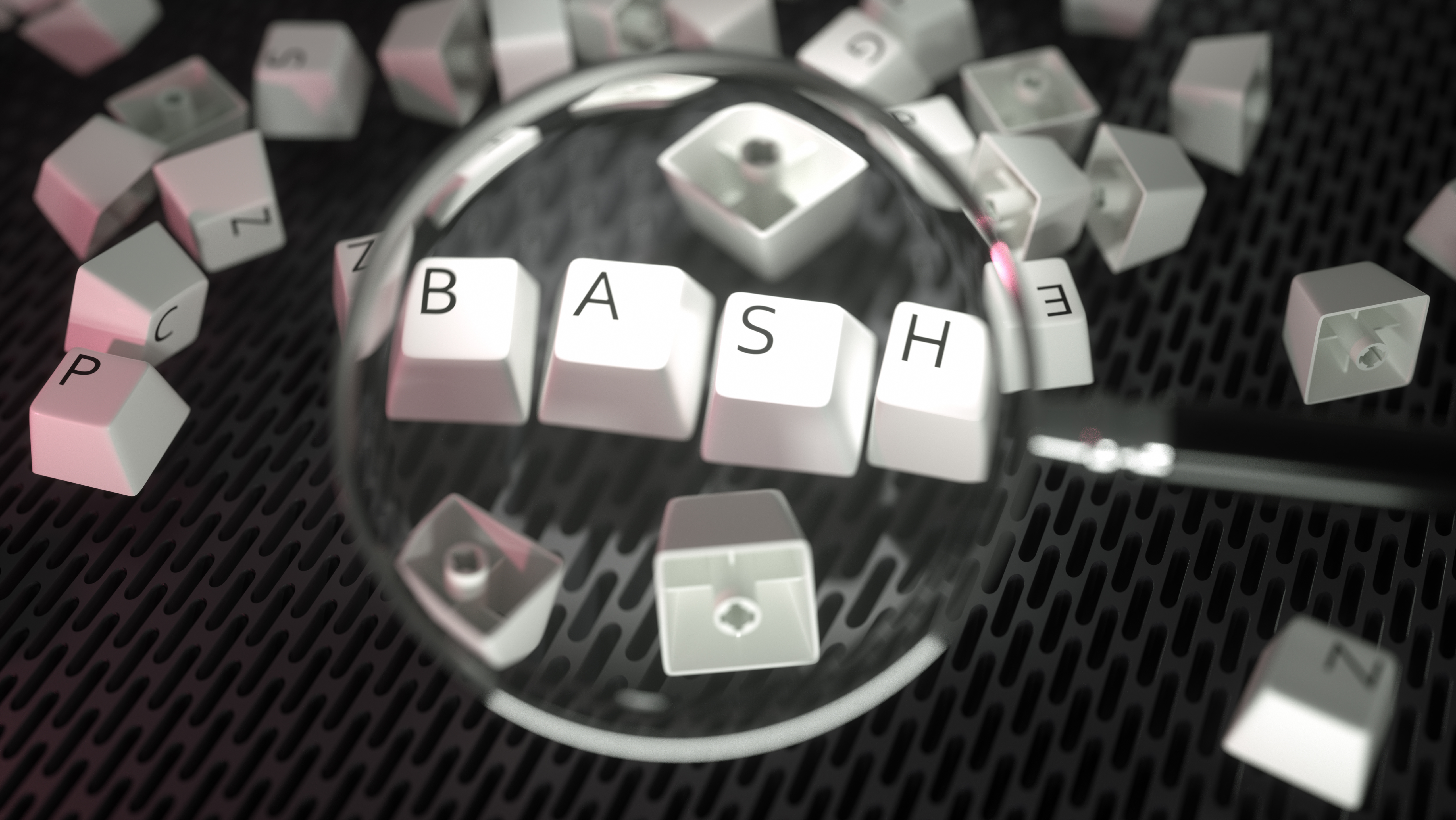 Imagem de destaque para o artigo 'Como criar scripts de automação no Linux usando Bash'. A imagem mostra teclas de teclado com letras formando a palavra 'Bash', destacadas por uma lupa, simbolizando a importância e o foco na automação com scripts.