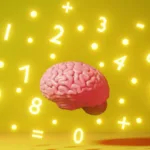 Imagem de um cérebro flutuante rodeado por símbolos e números brilhantes em um fundo amarelo, representando conceitos de matemática e computação.