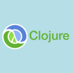 Logo do Clojure em um fundo azul claro, destacando a palavra 'Clojure' ao lado de um símbolo com cores azul, verde e branco.