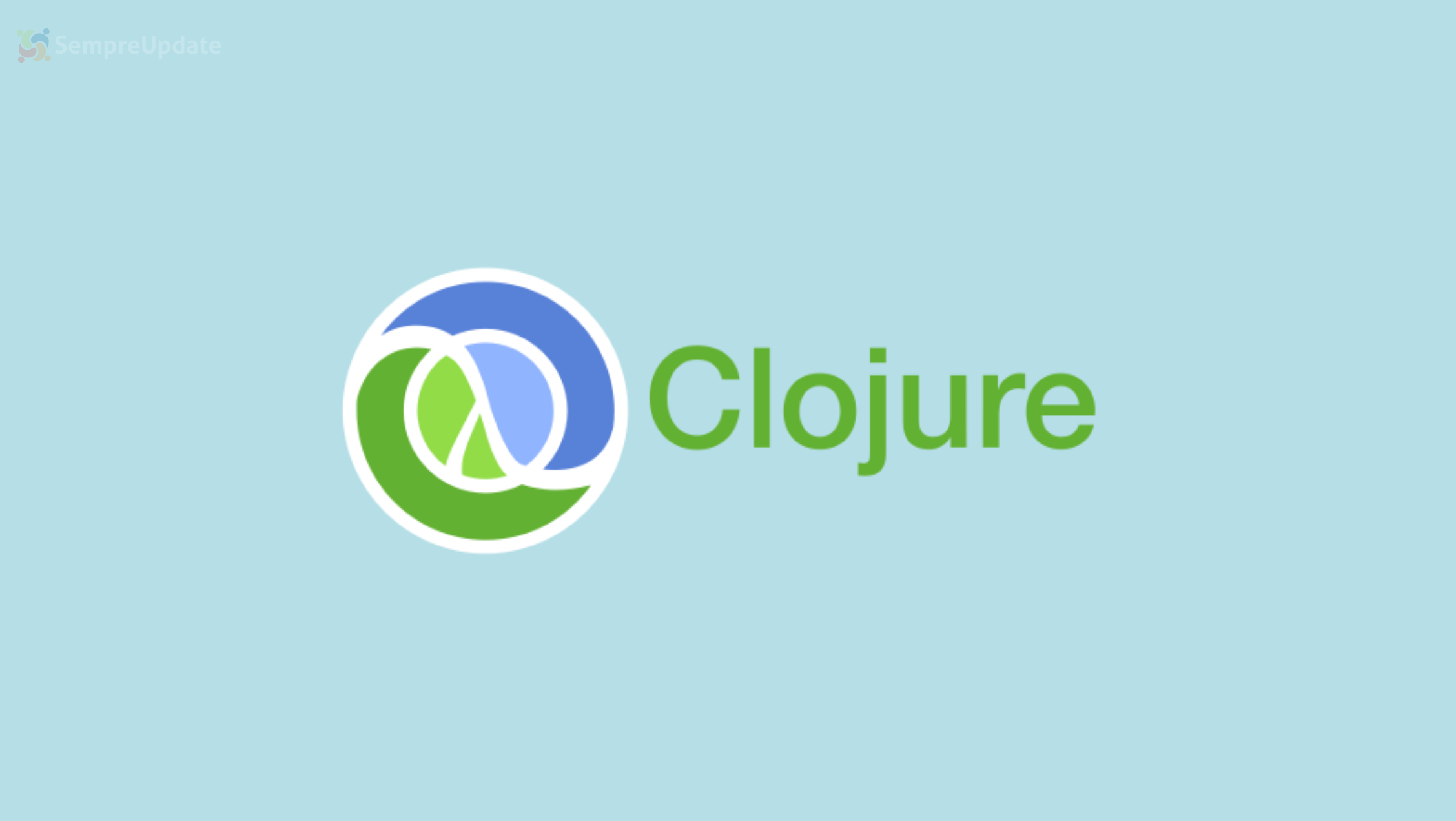 Logo do Clojure em um fundo azul claro, destacando a palavra 'Clojure' ao lado de um símbolo com cores azul, verde e branco.