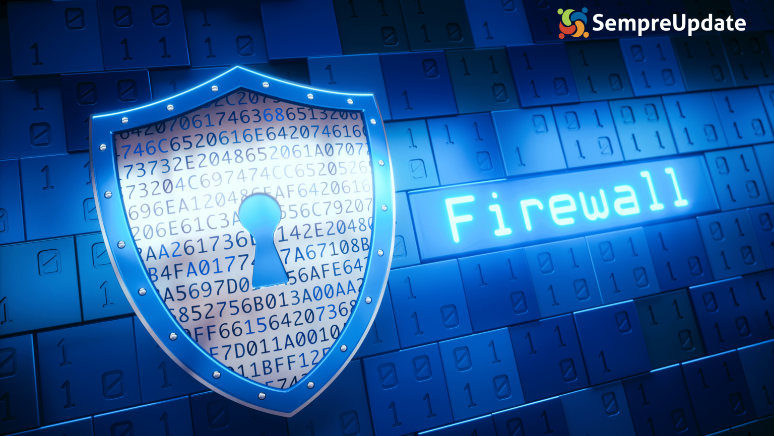 Ilustração de segurança de firewall no Linux com cadeado e código digital ao fundo, representando a proteção de servidores através de firewalls.