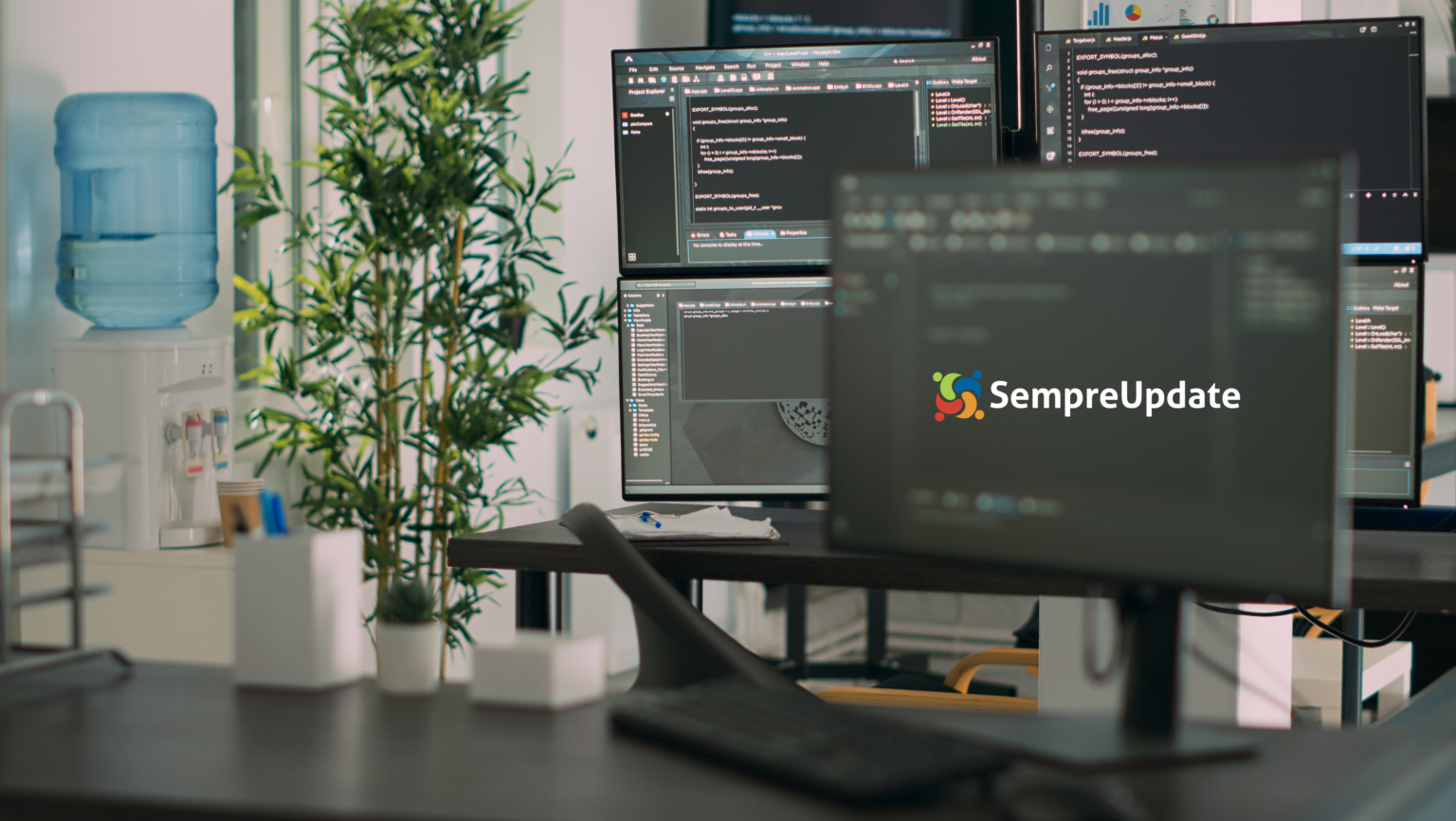 Como configurar múltiplos monitores no Linux 1 Imagem de destaque para o artigo 'Como configurar múltiplos monitores no Linux'. A imagem mostra uma estação de trabalho com múltiplos monitores exibindo códigos de programação, simbolizando o uso de múltiplas telas para aumentar a produtividade.