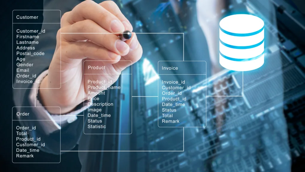 Representação gráfica de um banco de dados, com uma mão interagindo com tabelas virtuais contendo informações de clientes, produtos e faturas