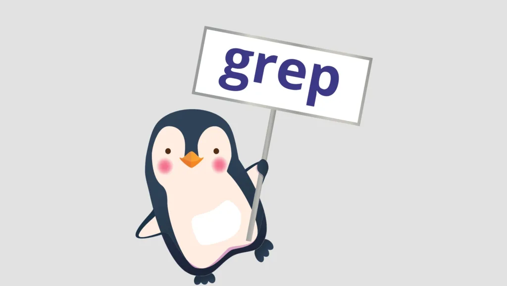 Pinguim segurando uma placa com a palavra 'grep', representando o uso do comando grep no Linux