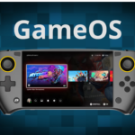 Interface do GameOS exibida em um console portátil com layout de controle semelhante a joysticks, destacando a biblioteca de jogos na tela com títulos como Spider-Man Remastered e Atomic Owl.