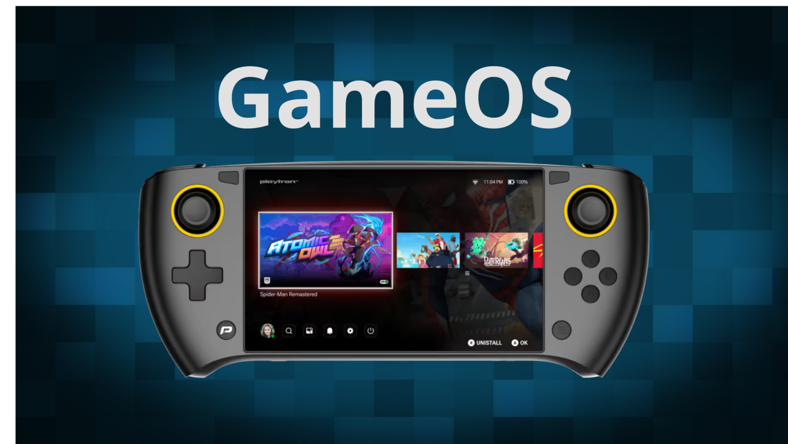 Interface do GameOS exibida em um console portátil com layout de controle semelhante a joysticks, destacando a biblioteca de jogos na tela com títulos como Spider-Man Remastered e Atomic Owl.