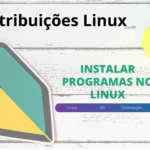 Imagem de destaque para o artigo sobre como instalar programas no Linux, com o título 'Instalar programas no Linux'. A imagem contém uma bola de tênis, um adesivo com o símbolo do Linux e uma faixa inferior destacando termos como 'Linux', 'I/O', 'Otimização' e 'Eficiência'.