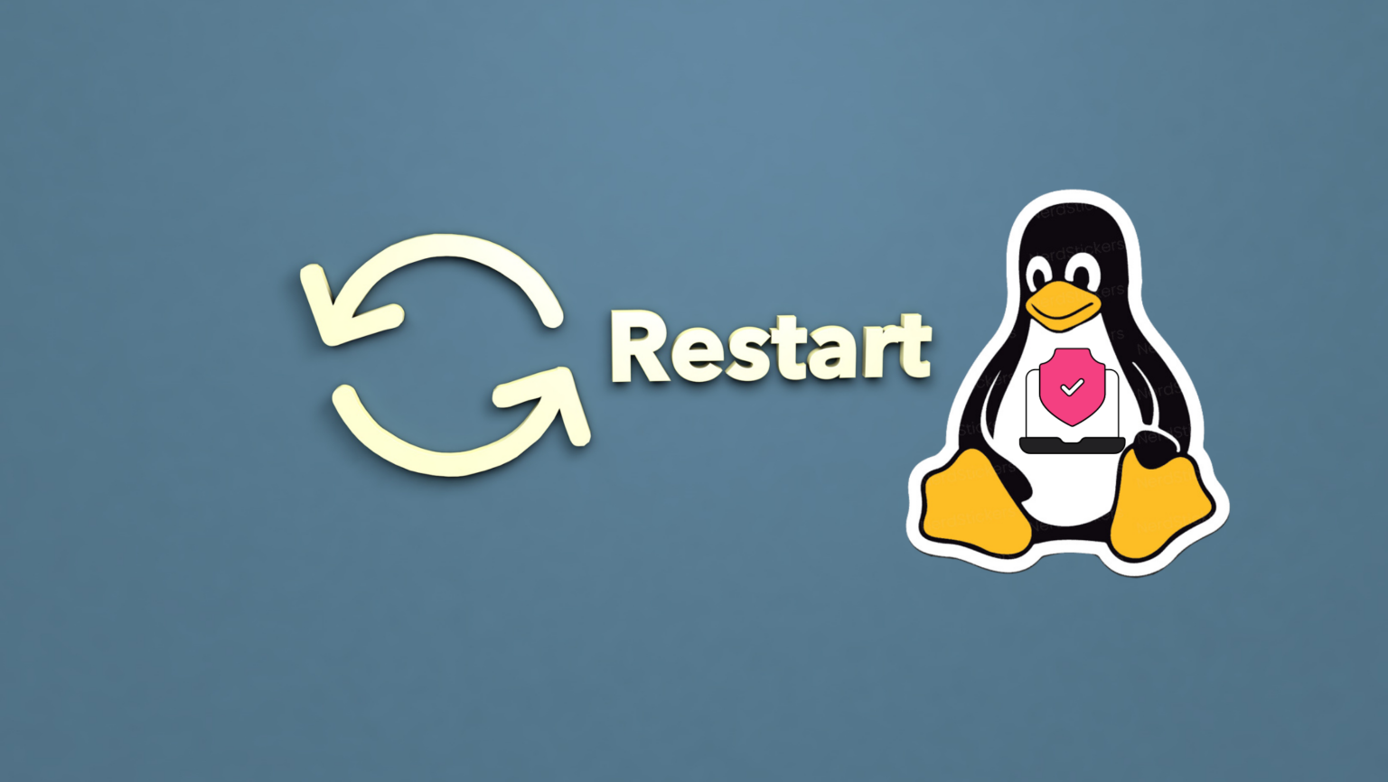 Kernel Linux: como aplicar patches de segurança sem reiniciar o sistema 1 Ícone do Tux (mascote do Linux) com um escudo de segurança, ao lado de um símbolo de reinicialização com a palavra 'Restart' destacando a importância da aplicação de patches de segurança sem reiniciar o sistema no Kernel Linux.
