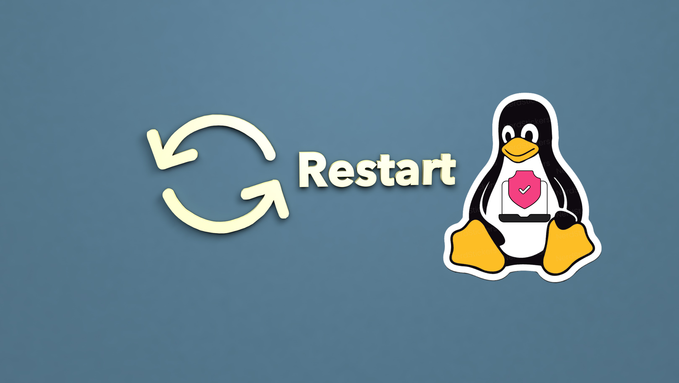 Ícone do Tux (mascote do Linux) com um escudo de segurança, ao lado de um símbolo de reinicialização com a palavra 'Restart' destacando a importância da aplicação de patches de segurança sem reiniciar o sistema no Kernel Linux.