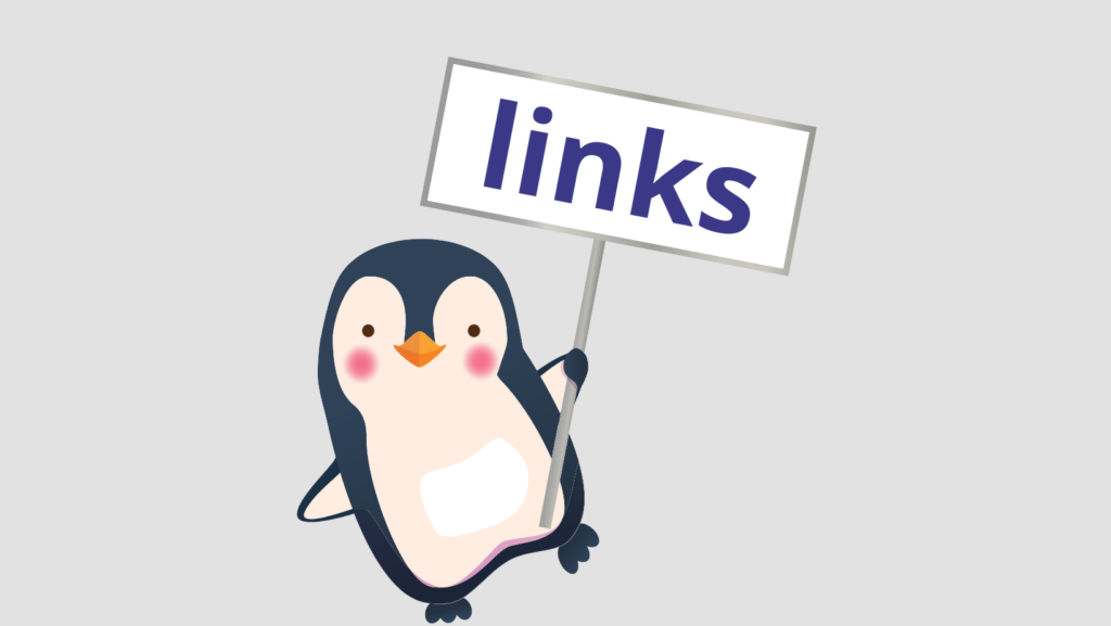 Pinguim segurando uma placa com a palavra 'links', representando o uso de links simbólicos e físicos no Linux