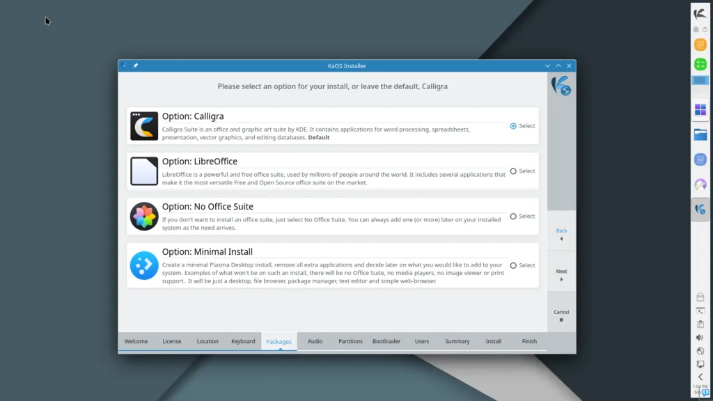 Tela do instalador do KaOS oferecendo a escolha de pacotes, com opções para instalar Calligra, LibreOffice, ou nenhum pacote de escritório, além de uma instalação mínima.