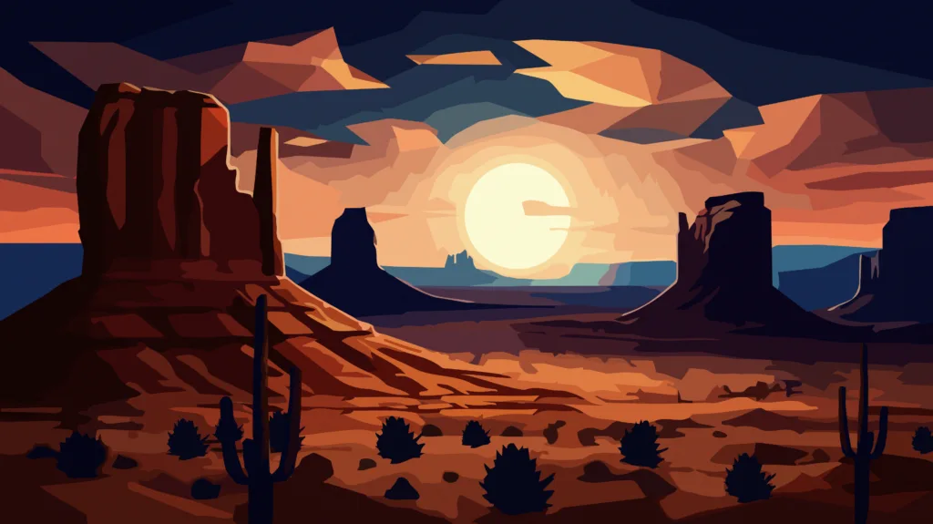 Ilustração digital de um pôr do sol no deserto do Arizona, com formações rochosas icônicas e um céu alaranjado, em estilo geométrico.