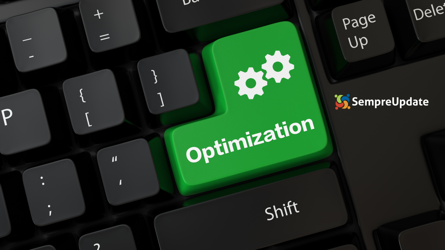 Imagem de destaque para o artigo 'Desempenho e eficiência: otimização de recursos no Linux'. A imagem mostra um teclado com uma tecla verde destacada com o texto 'Optimization', simbolizando a otimização de recursos no sistema Linux.