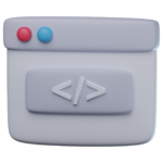 Ícone de janela de código com símbolos de programação, representando scripts ou desenvolvimento de software.`