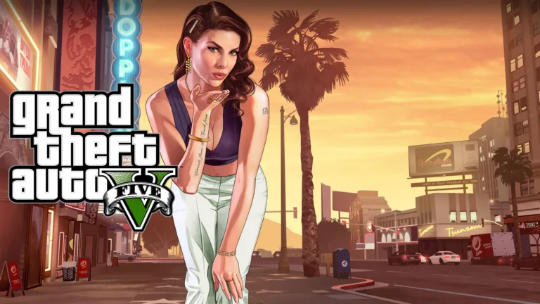 Imagem promocional do Grand Theft Auto V, com uma personagem feminina em destaque em uma paisagem urbana ao pôr do sol.