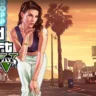 Imagem promocional do Grand Theft Auto V, com uma personagem feminina em destaque em uma paisagem urbana ao pôr do sol.