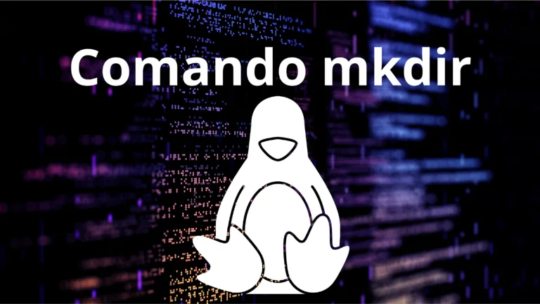 Imagem com códigos ilustrativos ao fundo, logo do linux o tux e o titulo Comando mkdir