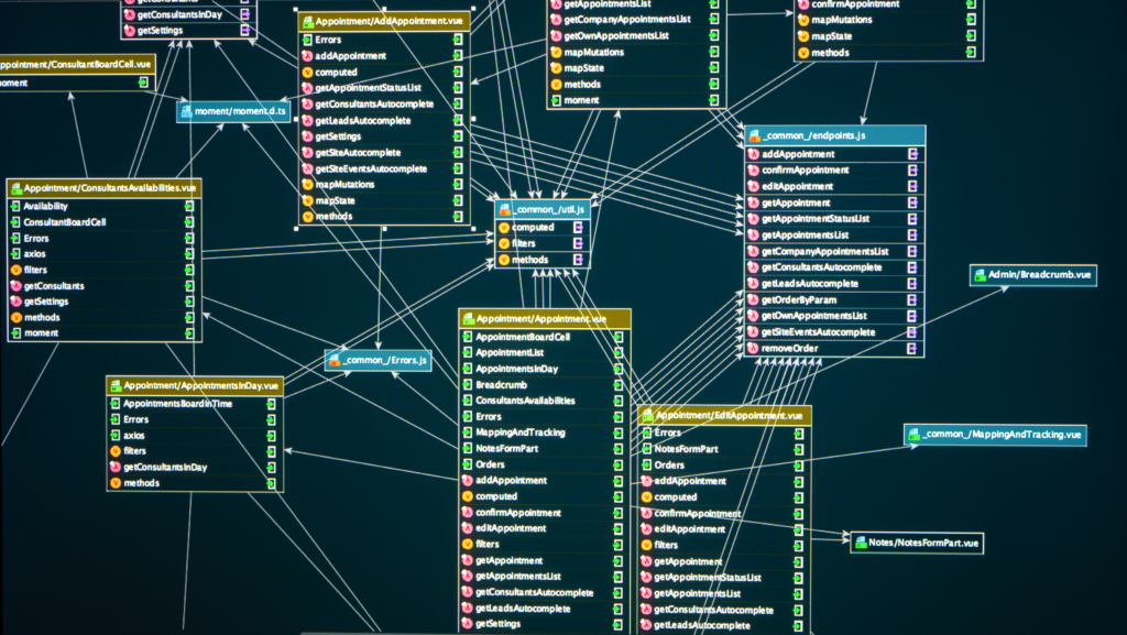 Diagrama de um banco de dados ou gráfico de dependências de código, exibindo a interconexão entre tabelas ou módulos, com nomes de campos como 'getConsultantsList', 'addAppointment', 'computed' e outros, destacando a estrutura e os relacionamentos entre os elementos.