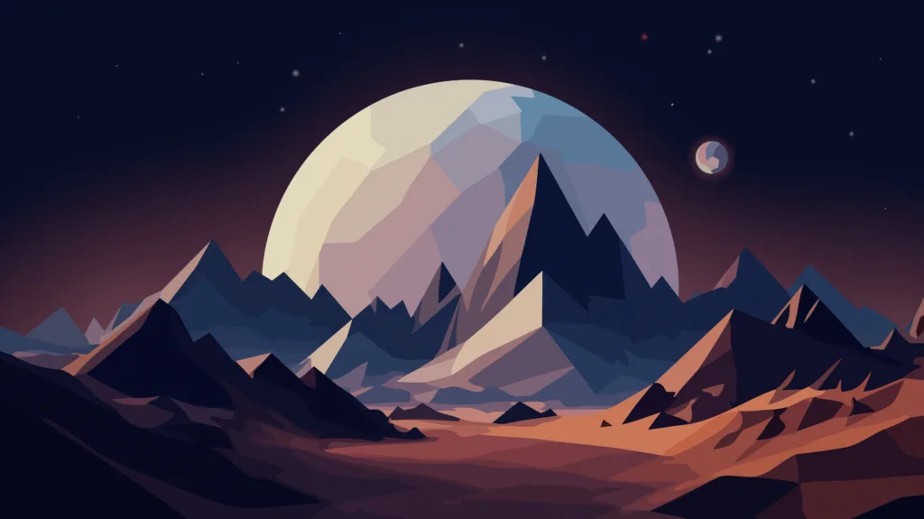 Ilustração digital de uma paisagem montanhosa com uma grande lua cheia ao fundo, em estilo geométrico, com tons suaves de azul, marrom e laranja.