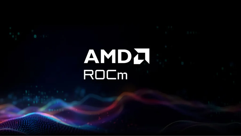 Logotipo da AMD ROCm com fundo escuro e gráficos de ondas coloridas na parte inferior