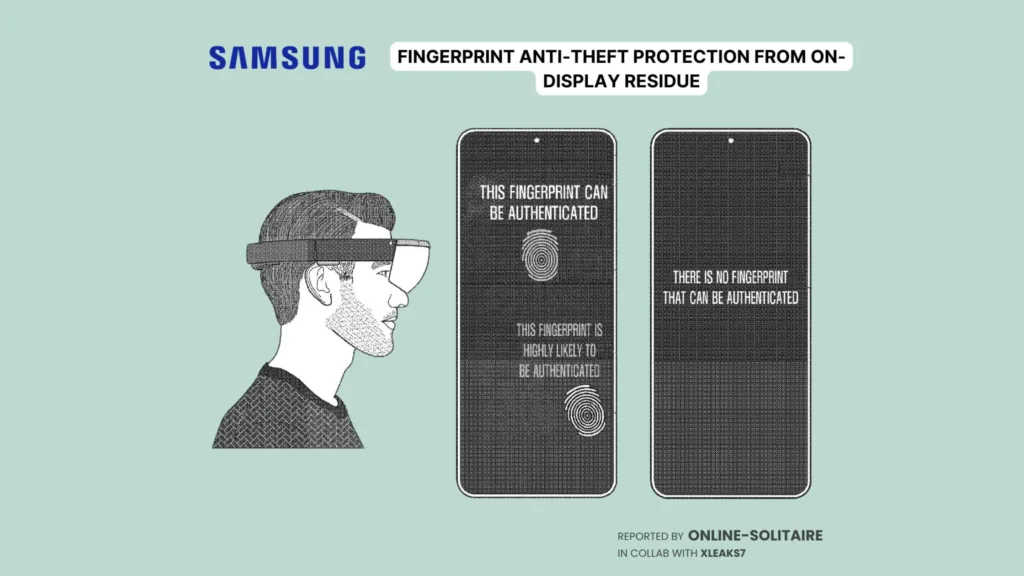 Imagem com dois celulares mostrando a patente da Samsung com impressão digital