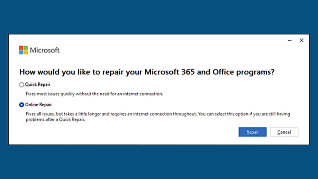 Imagem com Reparo on-line de aplicativos do Microsoft 365 (Microsoft)