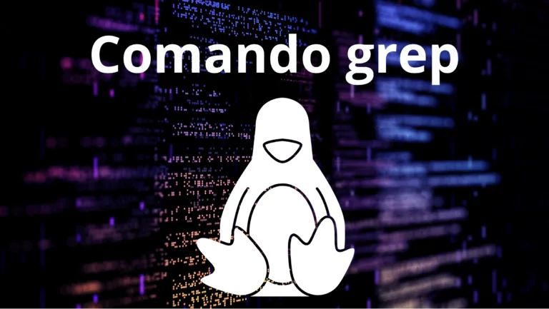 Ilustração de pinguim do Linux com o texto 'Comando grep' em fundo de código digital, representando o uso do comando grep no terminal Linux