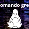 Ilustração de pinguim do Linux com o texto 'Comando grep' em fundo de código digital, representando o uso do comando grep no terminal Linux