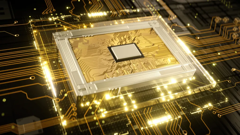 Close-up de um chip de processador dourado com circuitos integrados iluminados, representando a arquitetura interna de uma GPU com núcleos CUDA.