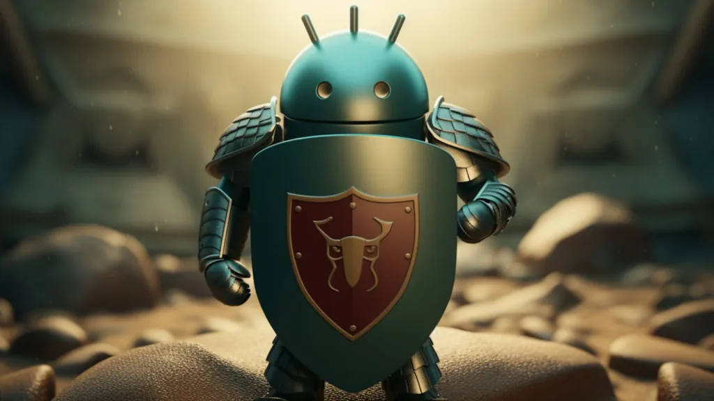 Imagem do simbolo do android segurando um protetor simbolizando as melhores praticas seguranca android