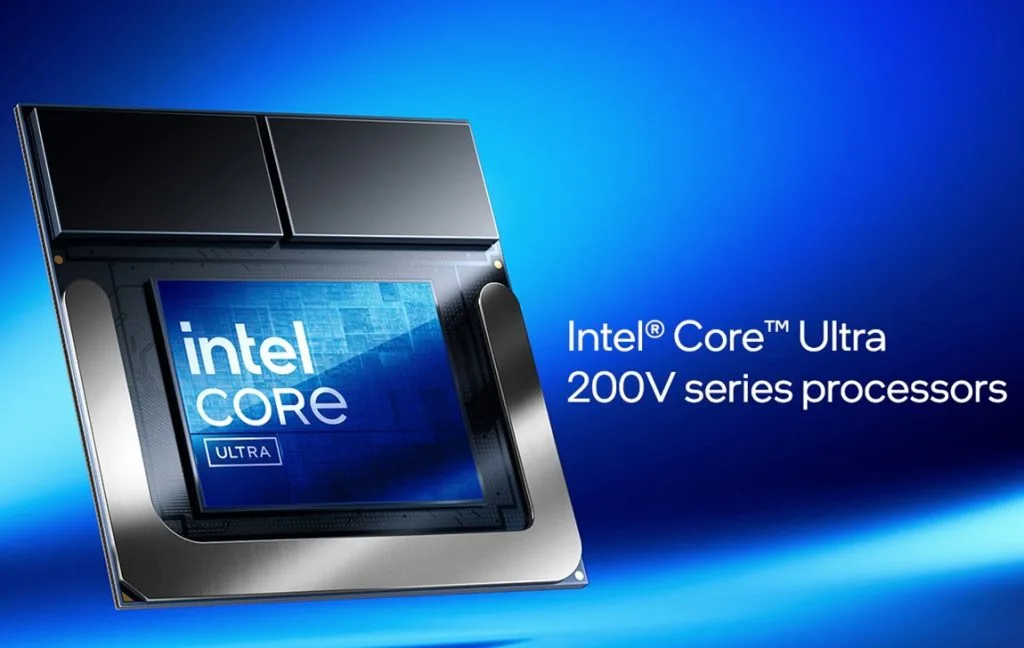 Imagem dos processadores Intel Core Ultra da série 200V, destacando o design e a tecnologia avançada dos chips para laptops Lunar Lake.