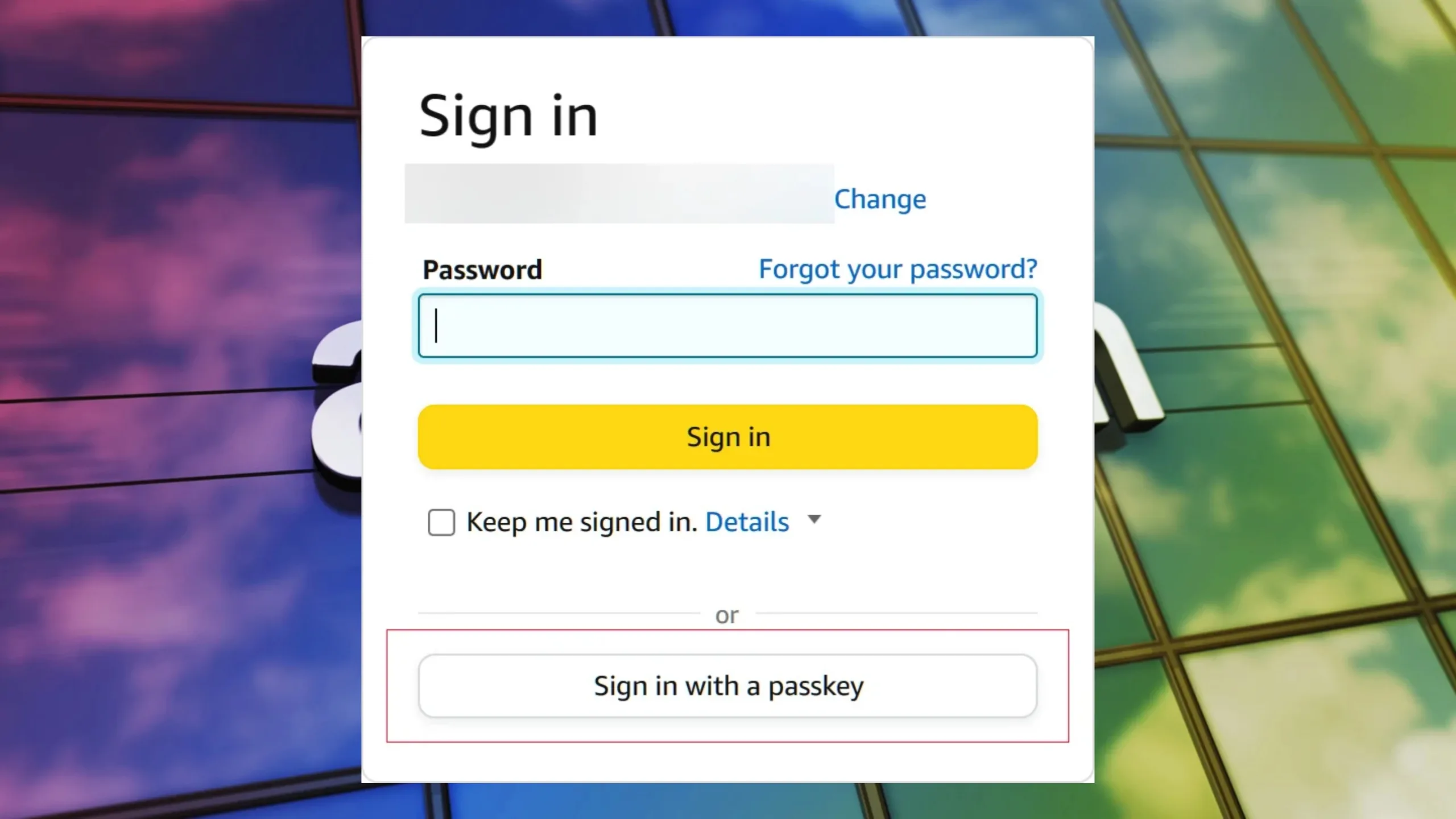 Amazon alcança 175 milhões de usuários com login via passkey 2 Imagem de login na Amazon com Passkeys