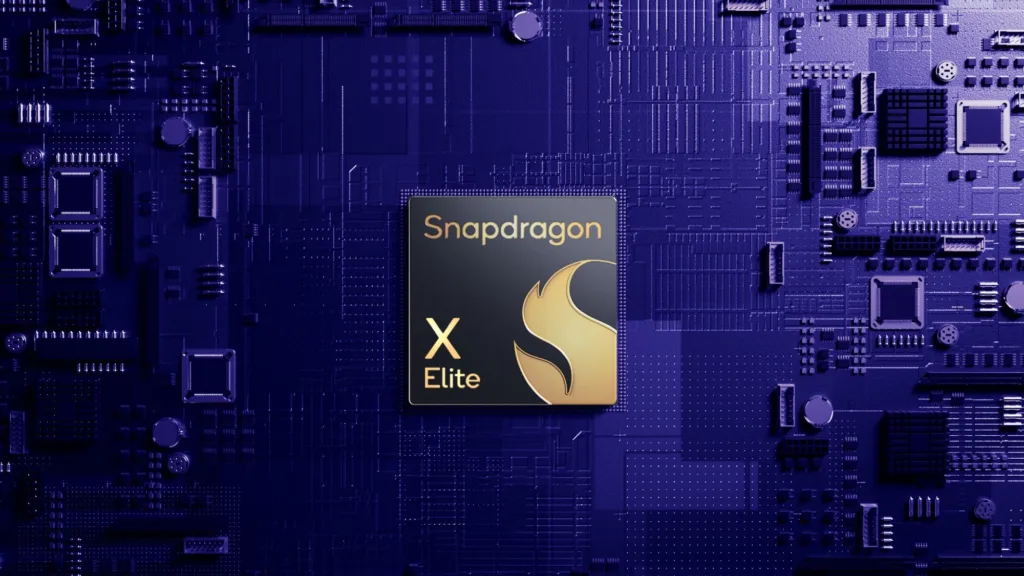 Chip Qualcomm Snapdragon X Elite em uma placa-mãe eletrônica com fundo azul e circuitos detalhados