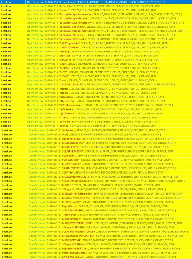 Lista de serviços afetados pelo Beast ransomware, mostrando o uso do comando OpenServiceW para serviços como AcronisAgent, BackupExecAgent, e outros em sistemas Windows.