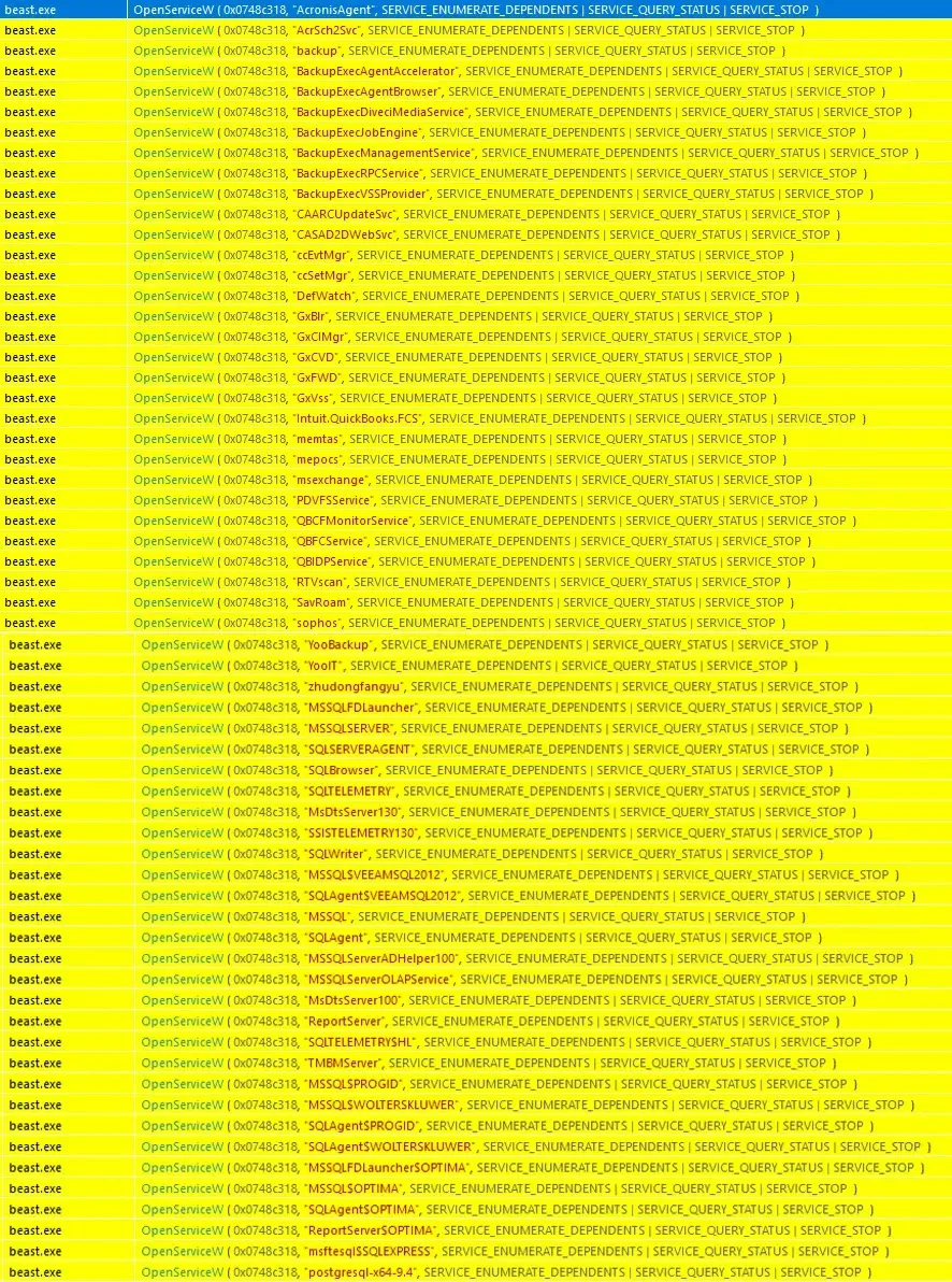 Ransomware Beast mira Windows, Linux e ESXi em novos ataques 2 Lista de serviços afetados pelo Beast ransomware, mostrando o uso do comando OpenServiceW para serviços como AcronisAgent, BackupExecAgent, e outros em sistemas Windows.