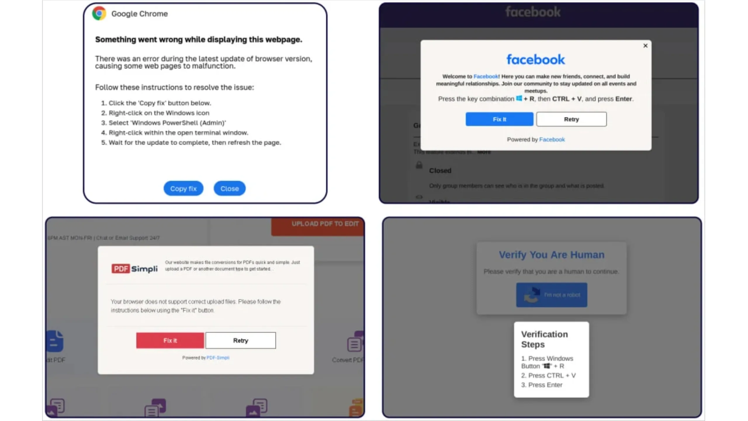 Fraude no Google Meet: ataques ClickFix distribuem malware 2 Várias iscas utilizadas em campanhas recentes